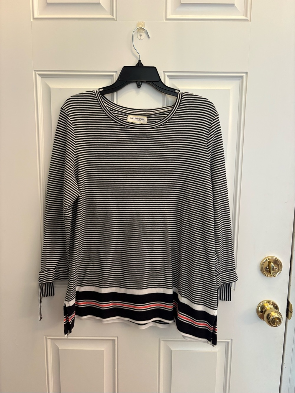 Liz Claiborne Black & White Striped Long Sleeve Top with Red Accent
